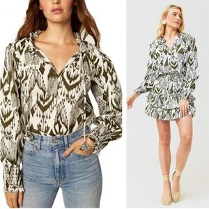 MISA Los Angeles Merida Long Sleeve Tie Blouse In Green/White Size Small